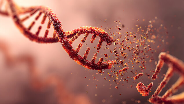 Damaged dna strand breaks apart in a conceptual representation of genetic mutation and cellular damage, symbolizing disease and scientific research.