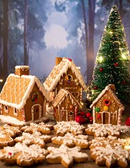 Gingerbread houses and cookies in a winter forest scene