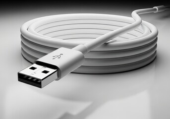 Illustration of a white usb cable is coiled neatly on a white surface, casting a soft shadow, isolated on white background