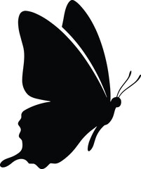 Minimal vector silhouette, butterfly in flight at diagonal angle, solid black