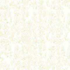 Elegant line art floral pattern with delicate flowers and leaves on a cream background., patern seamless, Stock royalty.