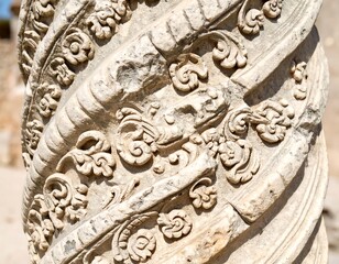Ancient stone column with intricate spiral carving