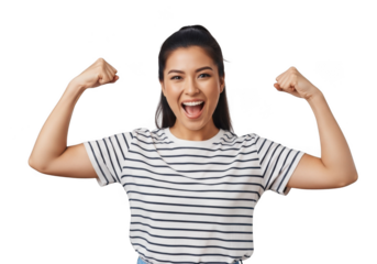 Excited and empowered young woman flexing biceps muscles in striped shirt, celebrating success and achievement, isolated on transparent background