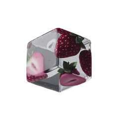 Frozen strawberry pieces and whole fruits encased within a clear ice cube with water droplets