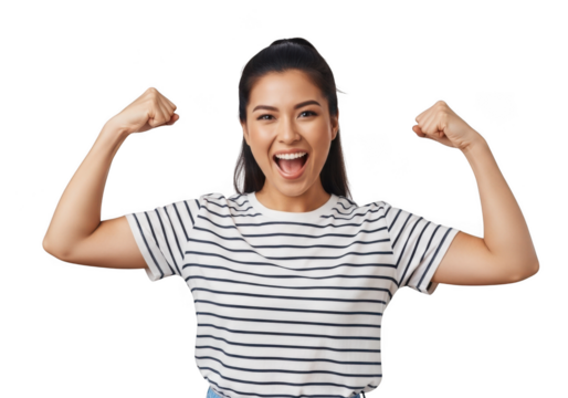 Excited and empowered young woman flexing biceps muscles in striped shirt, celebrating success and achievement, isolated on transparent background