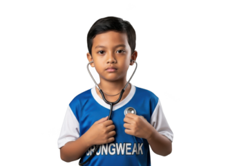 Young boy doctor pretending with stethoscope healthcare medical profession future aspirations isolated on transparent background