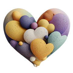Textured heart shape composed of multiple colorful heart shaped elements and small spheres