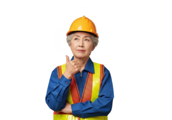 Senior woman construction worker giving thumbs up wearing hard hat and safety vest png image stock photo isolated on transparent background