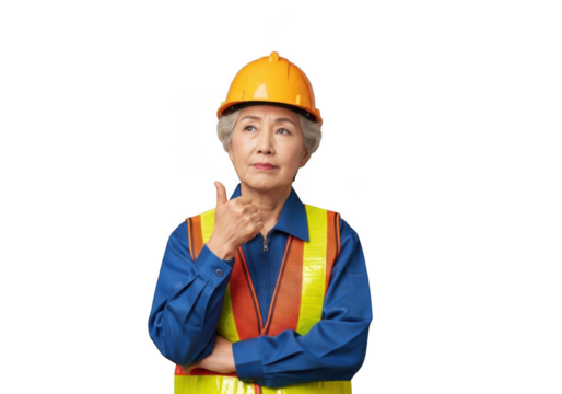 Senior woman construction worker giving thumbs up wearing hard hat and safety vest png image stock photo isolated on transparent background