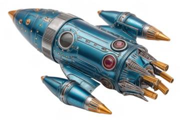 A detailed, metallic blue rocket ship with gold and silver accents featuring multiple thrusters and a circular window.