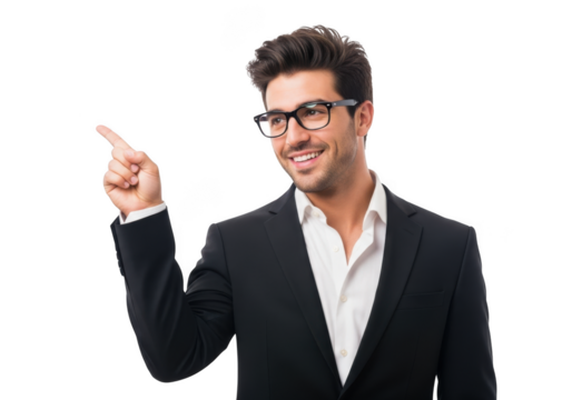 Professional businessman pointing upward wearing glasses and suit stock photo, business concept, isolated on transparent background