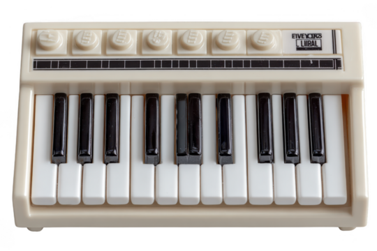 A compact white mini keyboard synthesizer with black and white keys, multiple control knobs, and buttons on top. - Powered by Adobe