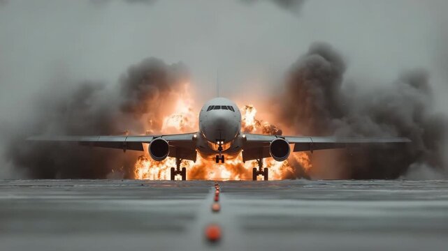 Dramatic airplane engine fire on the runway creates a perilous situation for emergency response teams