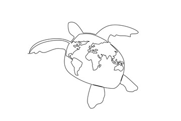 Continuous one line drawing swimming turtle and globe symbol on shell. The ocean is their home and habitat. Love the environment. Reptile. Mother Ocean Day. Single line draw design vector illustration