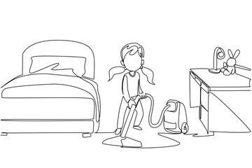 Continuous one line drawing a girl is cleaning her room using a vacuum cleaner. Appropriate technology empowerment. Electric. National Clean Your Room Day. Single line draw design vector illustration