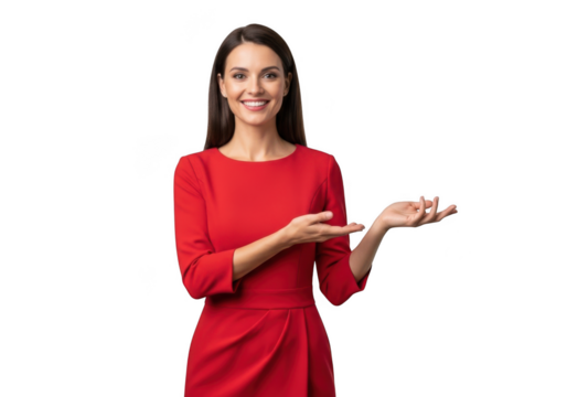 Professional smiling woman in red dress presenting or advertising isolated portrait png image for design resources, marketing and creative projects isolated on transparent background - Powered by Adobe