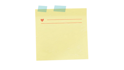 Yellow sticky note decorated with tape and tiny heart symbol, isolated on white background, great for love messages, office memos, and stationery elements.