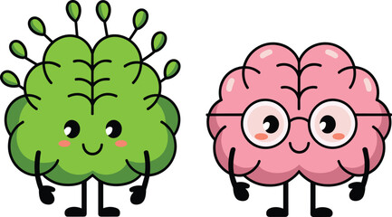 Cartoon illustration of broccoli and brain characters with cute smiling faces, educational healthy food and knowledge concept for children learning design.