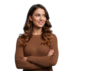 Attractive brunette woman with curly hair looking sideways in brown sweater stock photo portrait isolated on transparent background
