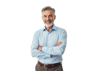 Smiling mature businessman with crossed arms, professional corporate portrait, gray hair, beard, isolated on transparent background