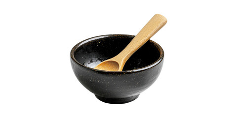 Black Ceramic Bowl With Wooden Spoon. Minimalist Kitchenware For Cooking And Serving Isolated On Transparent Background