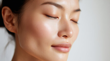 Close up of Japanese woman with clear glowing skin