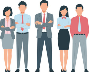 Professional business team illustration with men and women in formal office attire, standing together with arms crossed, teamwork, leadership, corporate concept.