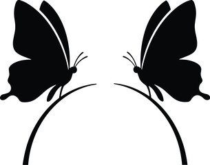 Minimal vector silhouette, pair of mirrored butterflies, solid black, symmetrical layout