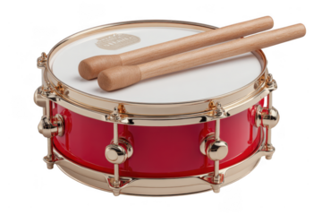A red snare drum with wooden drumsticks resting on top, featuring shiny chrome hardware and a smooth drumhead.