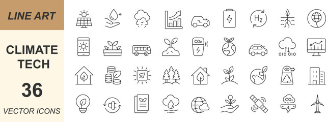 Climate Tech vector icon set with minimal line art designs of renewable energy, solar, wind, recycling, carbon capture, and eco innovation. Perfect for apps, web, green projects, and UI.