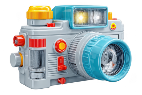 A retro-style toy camera with a large blue lens, yellow and red buttons, and a flash on top, designed to mimic vintage film cameras.