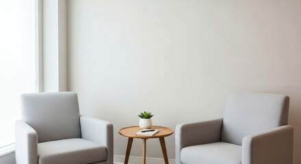 Inviting and Serene Modern Interior Space with Two Comfortable Armchairs for Thoughtful Dialogue and Relaxation