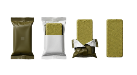 Four rectangular emergency food bars sequentially unwrapped, revealing green paste, on a white studio background with diffused light, concept of survival preparedness