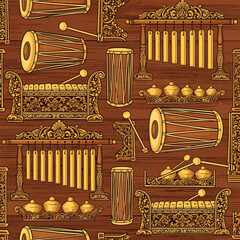 Detailed illustration of traditional Indonesian musical instruments arranged on a wooden background, seamless pattern, Stock royalty.