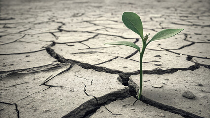 A small green sprout growing through cracked dry earth symbolizing hope and resilience