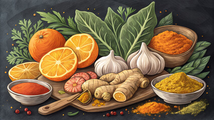 Fresh oranges garlic ginger turmeric and greens for healthy eating