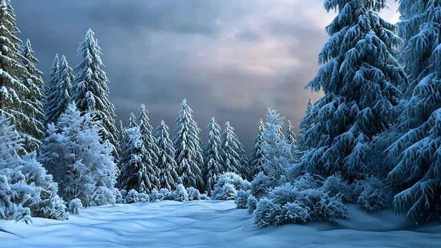 A serene and tranquil winter wonderland scene with majestic evergreen trees heavily laden with fresh snow under a soft, overcast sky in a quiet forest.