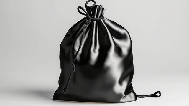A black leather bag with a drawstring closure and strap, suitable for travel or daily use