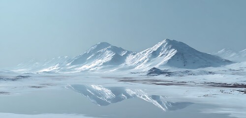 Distant snowy mountains with bright reflective surfaces under pale winter sunlight