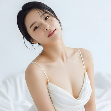 Elegant Asian Woman with Flawless Skin Gently Touching Her Shoulder - Body Care and K-Beauty Concept