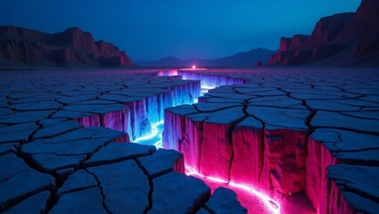 Neon Pink Blue Light Crack Desert Canyon Night cracked earth