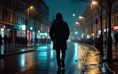 Obraz premium Man Walking Alone in Rainy London Street at Night. High quality