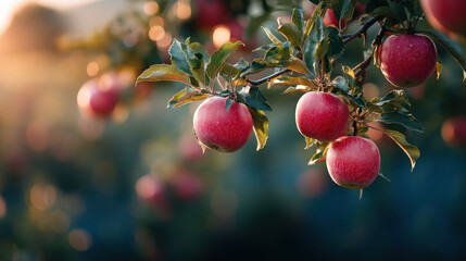 Ripening apples hanging on a tree branch with a soft, blurred background, capturing the essence of a serene orchard at sunset.
