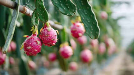 Ripe dragon fruit hanging on a cactus plant, surrounded by lush green foliage in a vibrant farm setting.