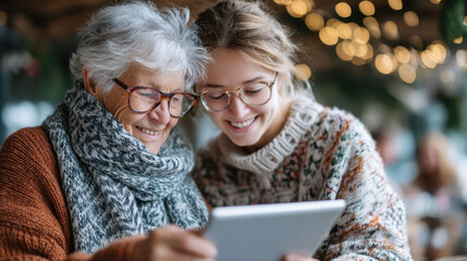 Two women, one elderly and one young, share a joyful moment while looking at a tablet, surrounded by warm, festive lights.