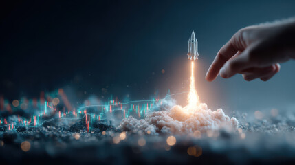 A hand initiates a rocket launch amidst a digital landscape, symbolizing innovation and technology in a visually striking manner.