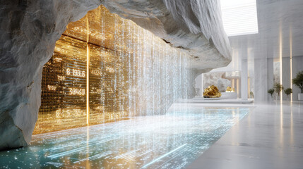 A modern interior featuring a rock wall, shimmering water, and soft lighting, creating a serene and luxurious atmosphere.