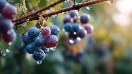 Fresh grapes glistening with dew on a vine, surrounded by lush greenery, capturing a serene and vibrant natural setting.