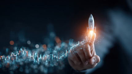 A hand holds a miniature rocket, symbolizing innovation and technology, with digital elements representing growth and progress in the background.