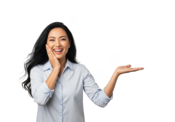 Excited asian woman presenting with open palm, joyful expression, and long black hair, isolated on transparent background